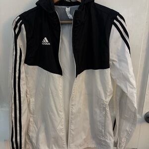 Adidas Women’s XS Black & White Hooded Windbreaker Jacket, ZIPPER MISSING